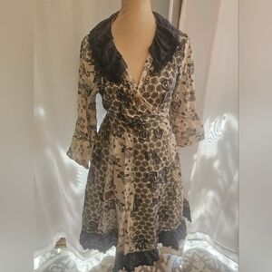 Odd Molly Black and Cream Floral Wrap Dress with Ruffle Trim 2